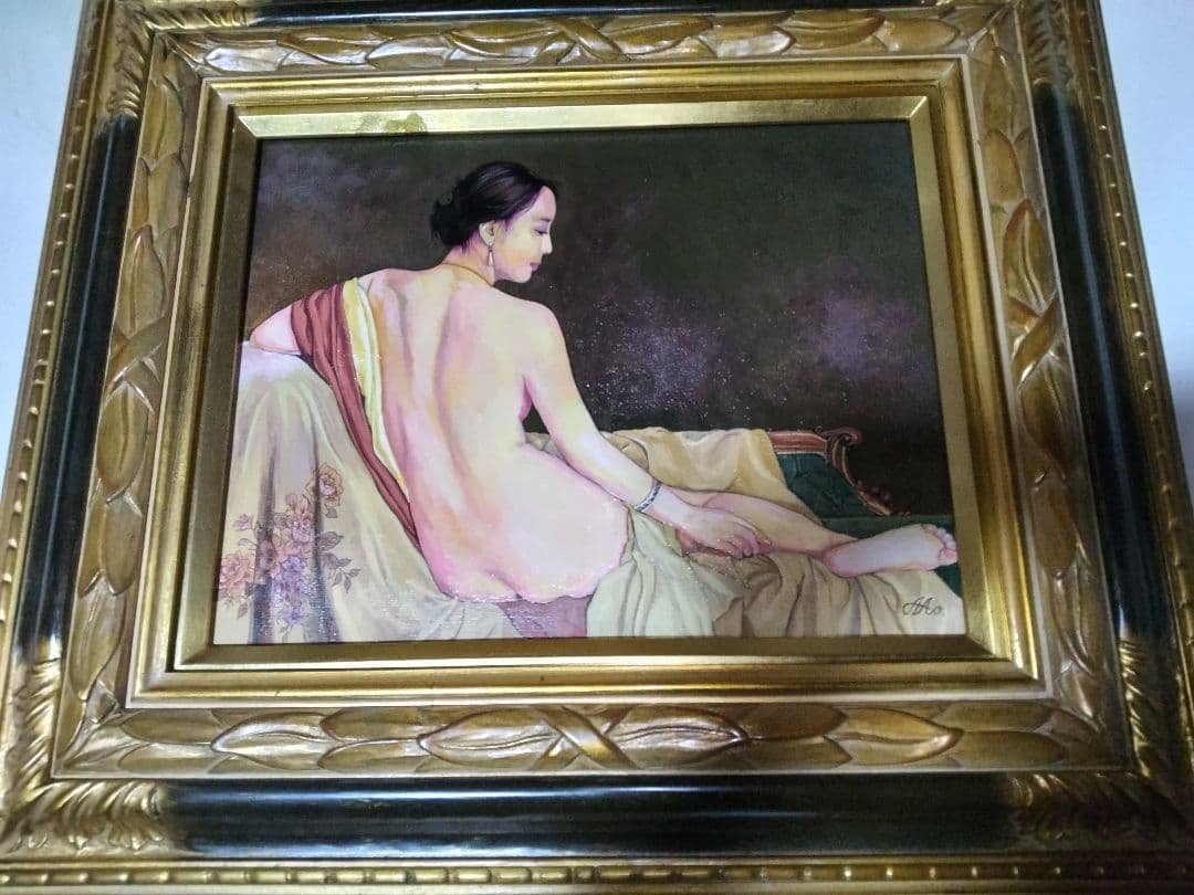 森本草介、絵画、裸婦、油彩６号、憩いの時、高級額縁、肉筆