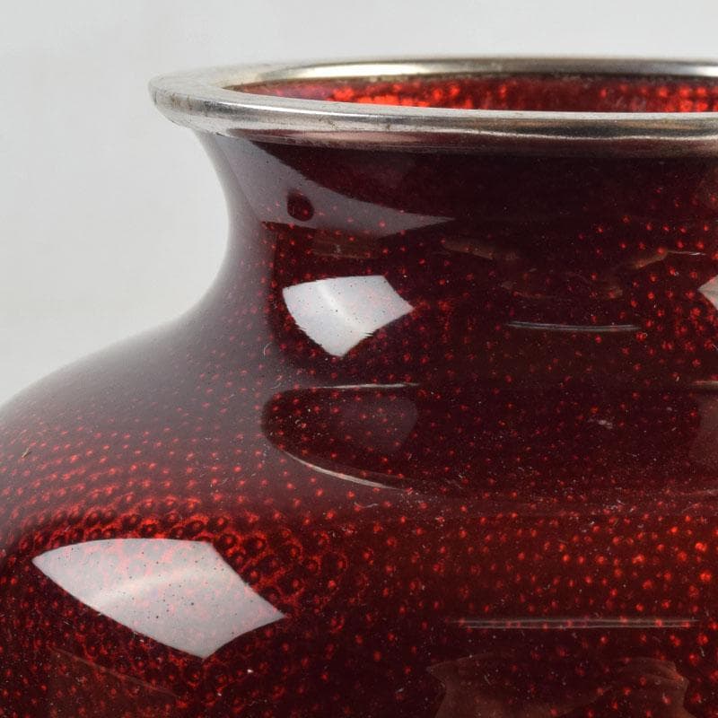 七宝焼 赤透釉 四君子文 花瓶 唐木台付 共箱 V 9132