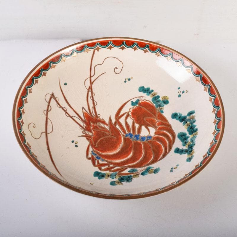 九谷焼　古九谷　色絵　海老文　大皿　飾皿　直径約36㎝　時代箱付　VR8142C