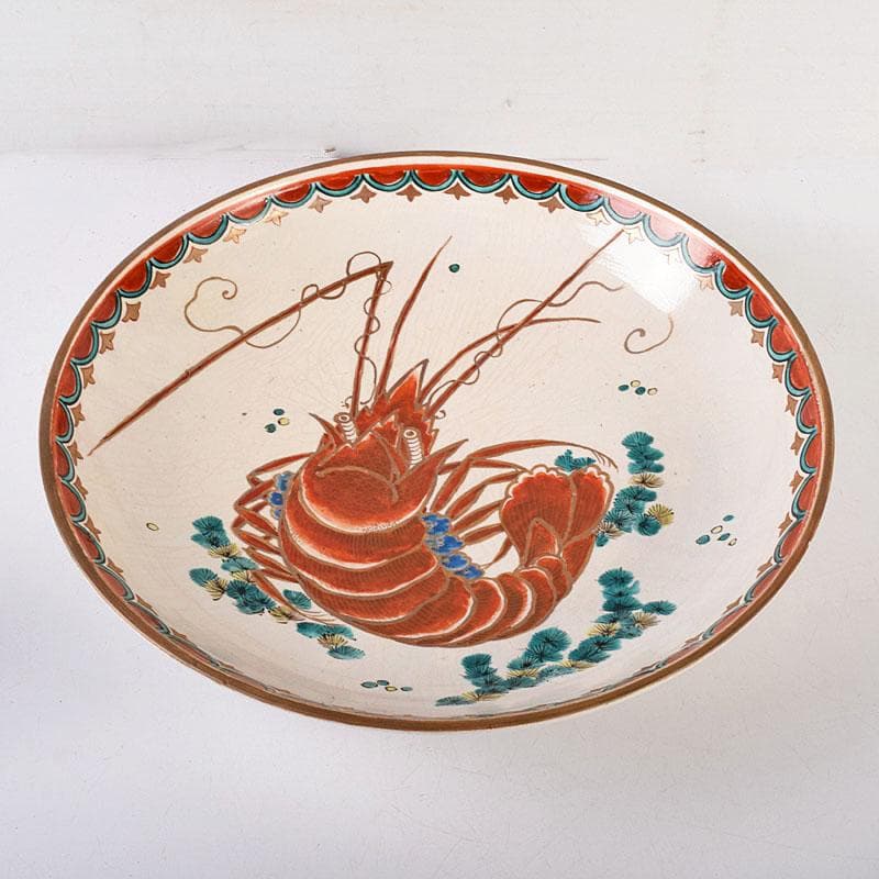 九谷焼　古九谷　色絵　海老文　大皿　飾皿　直径約36㎝　時代箱付　VR8142C