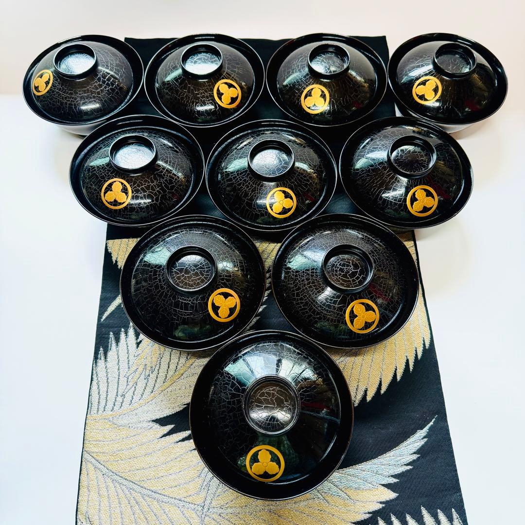 漆器　輪島塗　沈金　金蒔絵　木製　蓋付椀　お煮物椀　吸物椀　10客共箱　 時代物