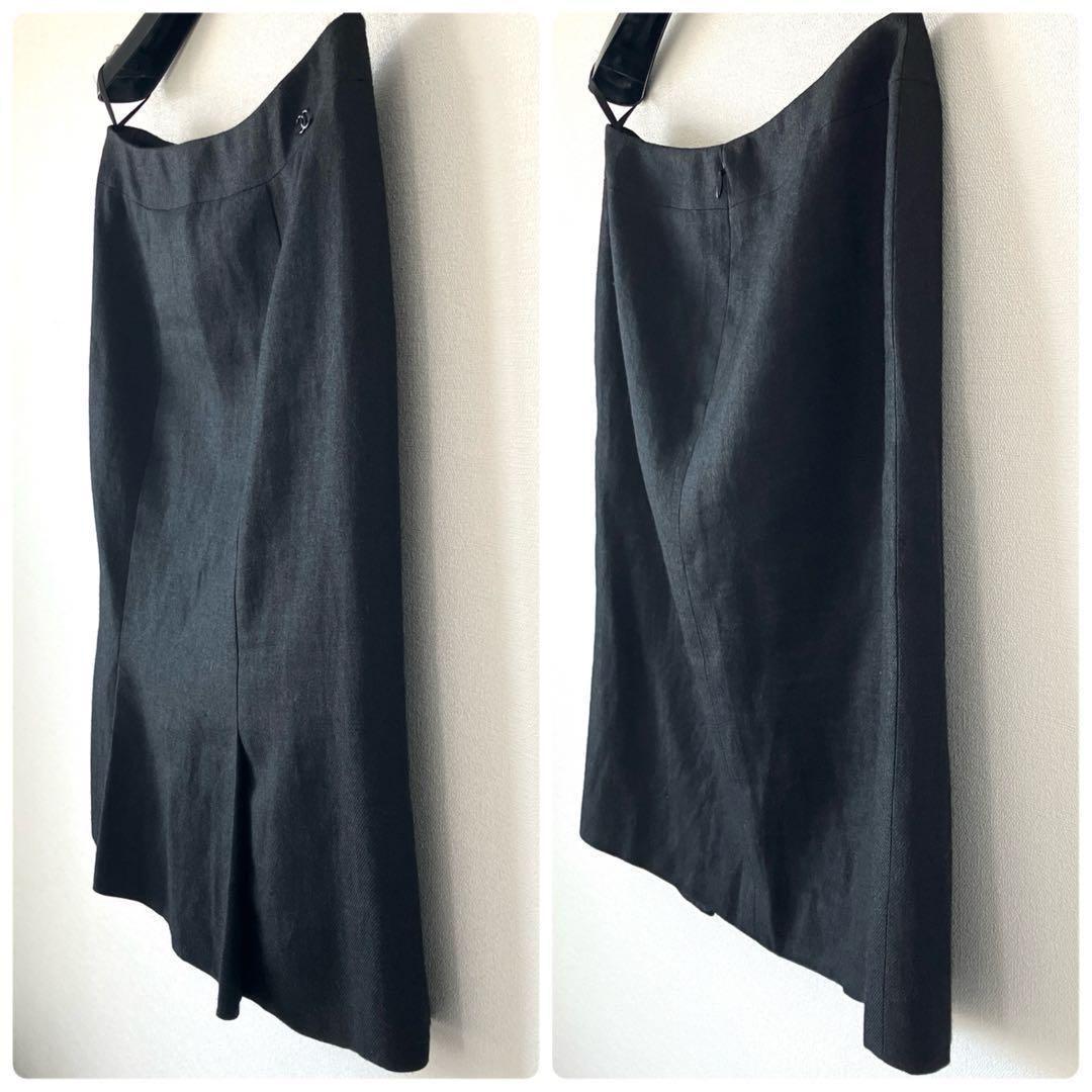 シャネル 05C リネンカシミヤ ココマーク膝丈スカート 38 チャコールグレー