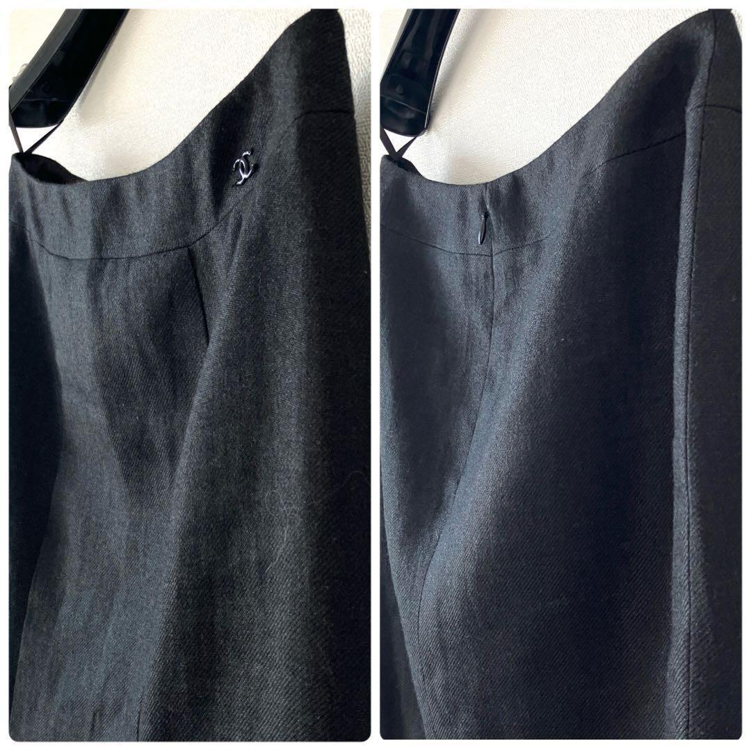 シャネル 05C リネンカシミヤ ココマーク膝丈スカート 38 チャコールグレー