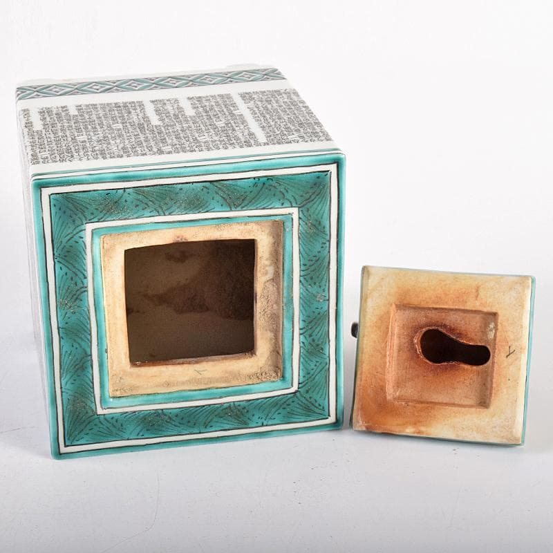 九谷焼 西谷加陽作 色絵 毛筆細字 獅子摘 四方香炉 共布共箱 F R7688