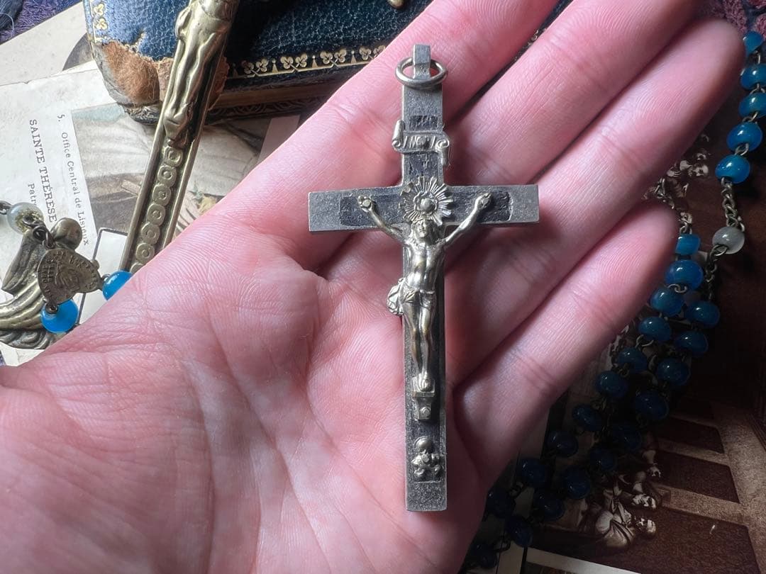 アンティーク 合金と黒檀のメメントモリクロス 20世紀前半