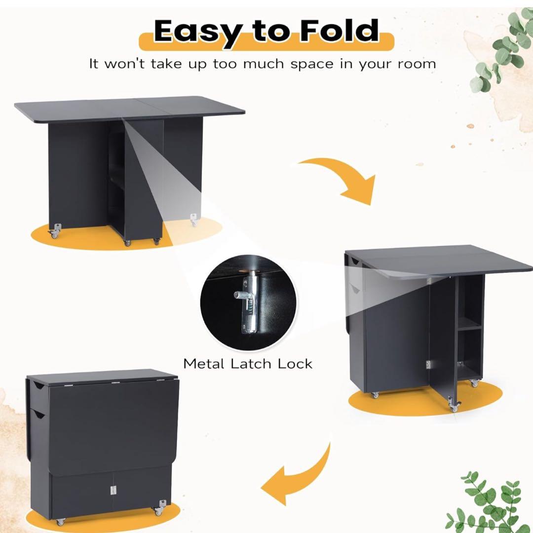 ダイニングテーブル 折りたたみ式 ドロップリーフダイニングテーブル 収納付き 黒