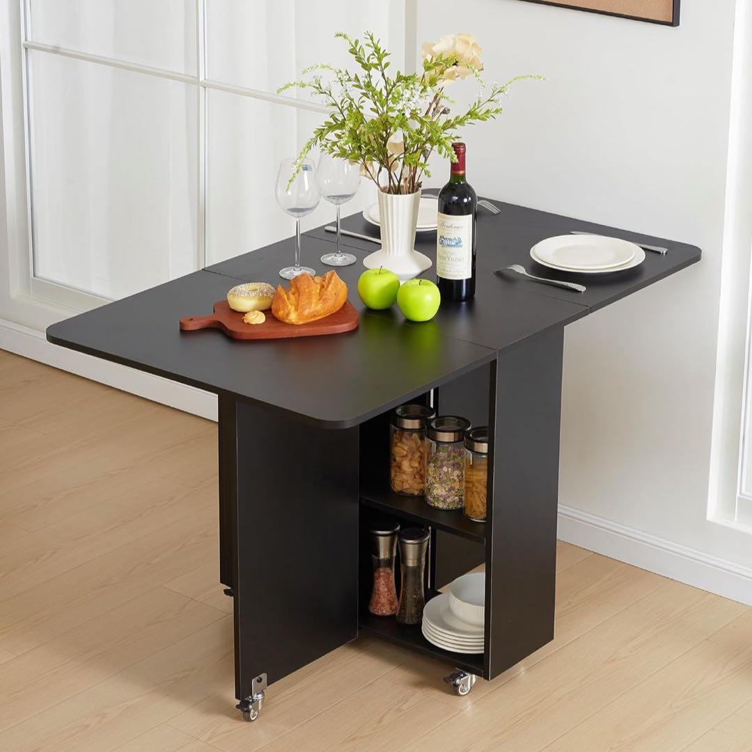 ダイニングテーブル 折りたたみ式 ドロップリーフダイニングテーブル 収納付き 黒