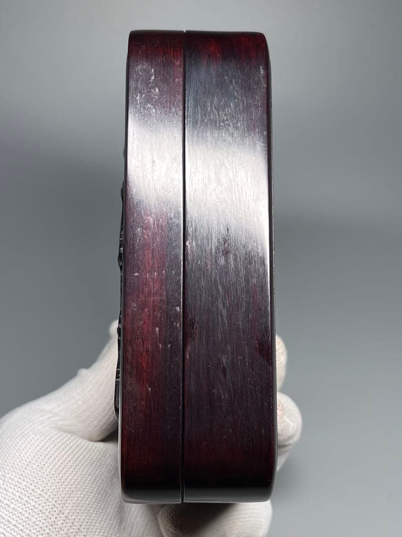 木製　小物入れ　紫檀　硯箱　瓢箪　浮き彫り　極細工　文房具　中国美術　香合　美品