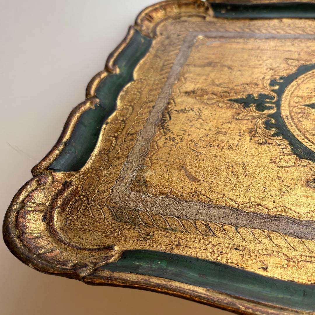 イタリア】ヴィンテージ 木製 トレイ フロレンタイン 金色 深緑 大きめ