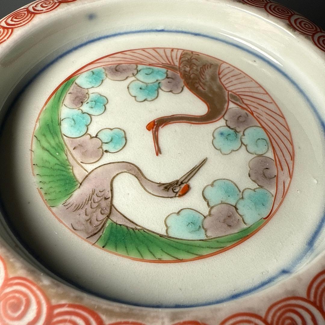 1800年代　江戸期　古伊万里　染錦鶴文様蓋付鉢　大聖寺伊万里　七宝文