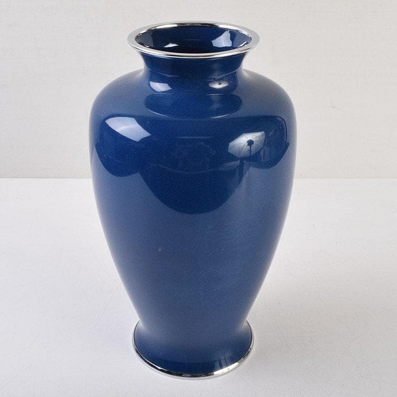 七宝焼　紺釉　四君子文　花瓶　共箱　F　R9167