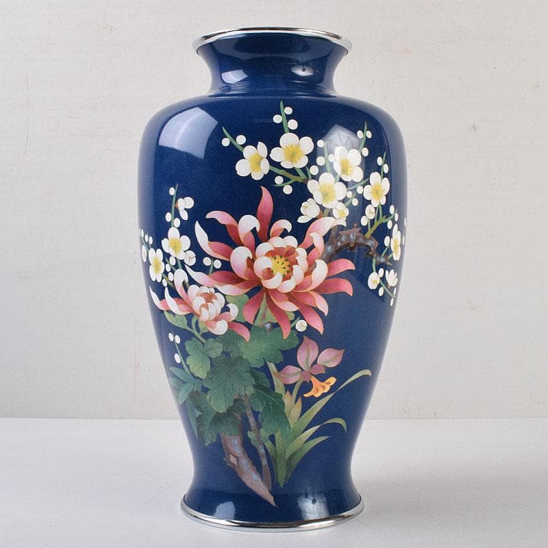 七宝焼 紺釉 四君子文 花瓶 共箱 F R9167