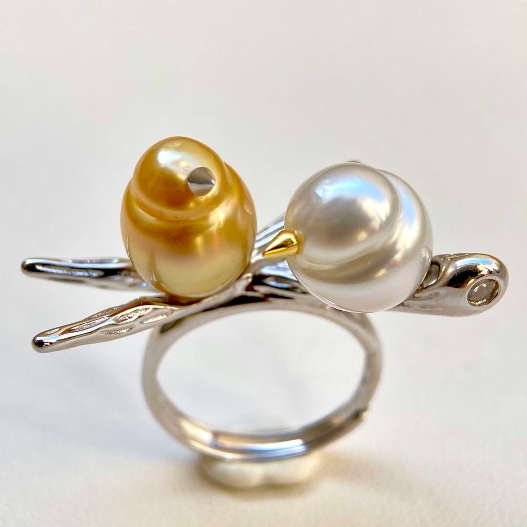 本真珠南洋白蝶真珠　茶金とホワイト「鳥と枝」s925リングY1027