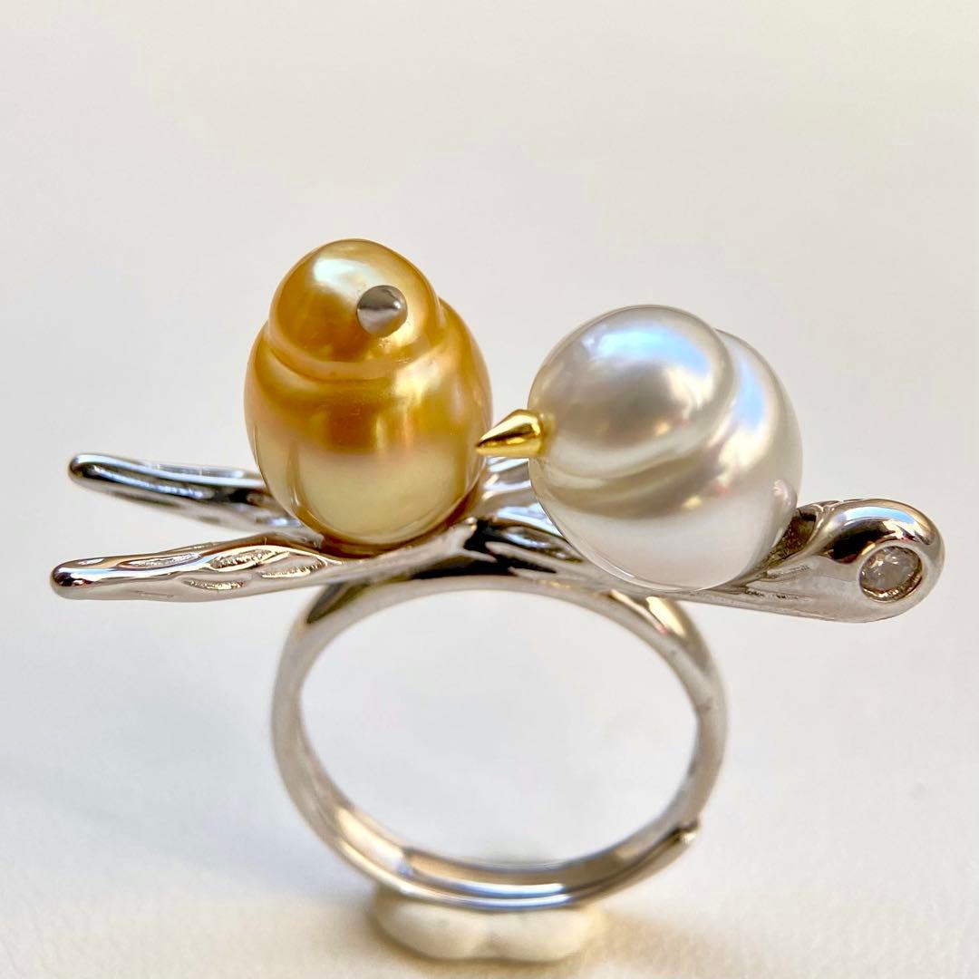 本真珠南洋白蝶真珠　茶金とホワイト「鳥と枝」s925リングY1027