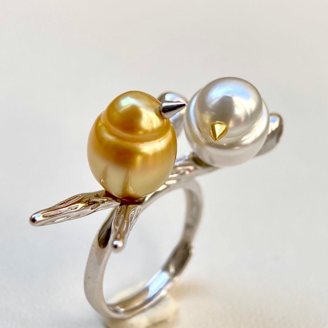 本真珠南洋白蝶真珠　茶金とホワイト「鳥と枝」s925リングY1027