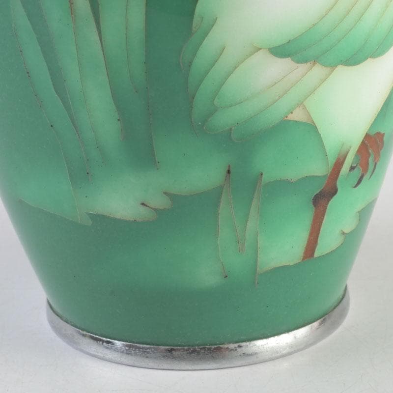 七宝焼 緑釉 双鳥文 花瓶 唐木台付 共箱 V 9586 美術品・アンティーク