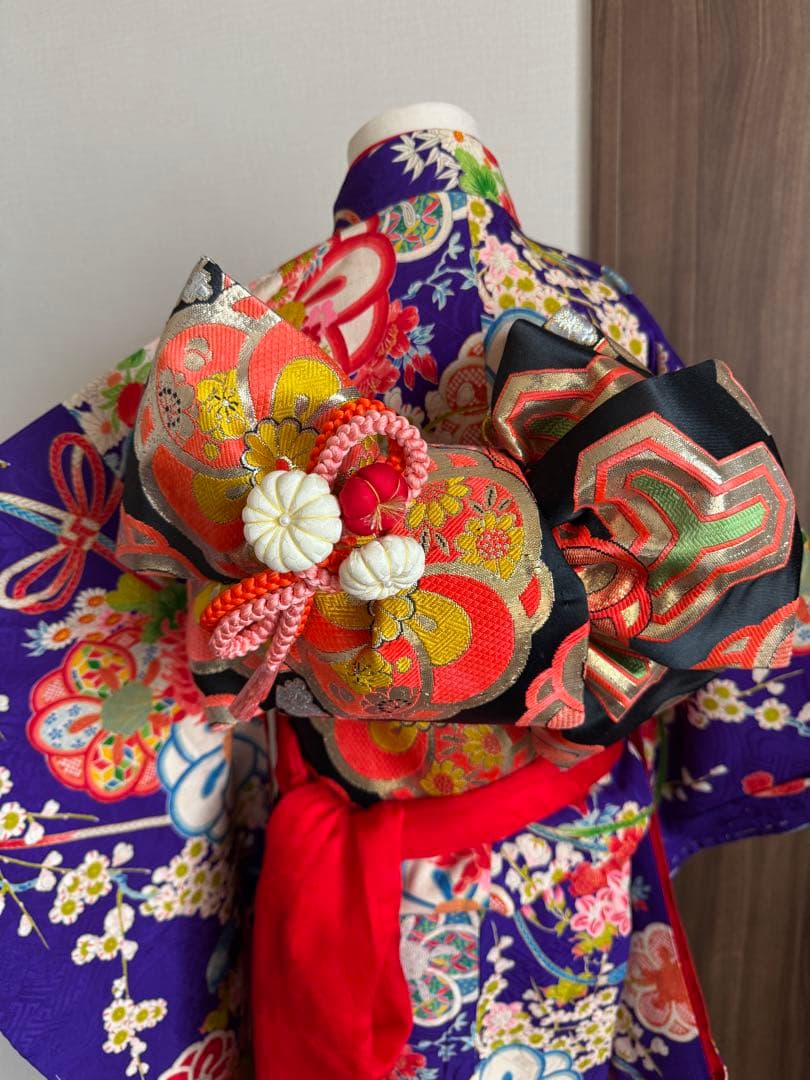 七五三に★正絹青紫色に八重梅　四季花々　五歳、七歳の着物セット
