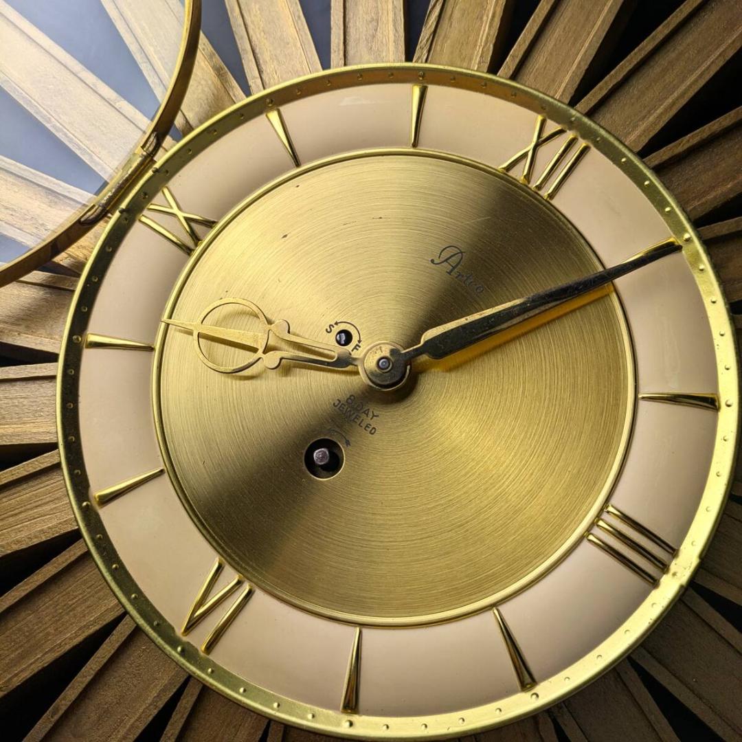 USA Artco社 木製サンバースト 金色 手巻掛時計 58cm ビンテージ