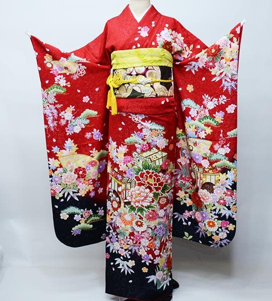 振袖 正絹 着物 単品 仕立て上がり ラメ 金駒縫 赤色 NO39608