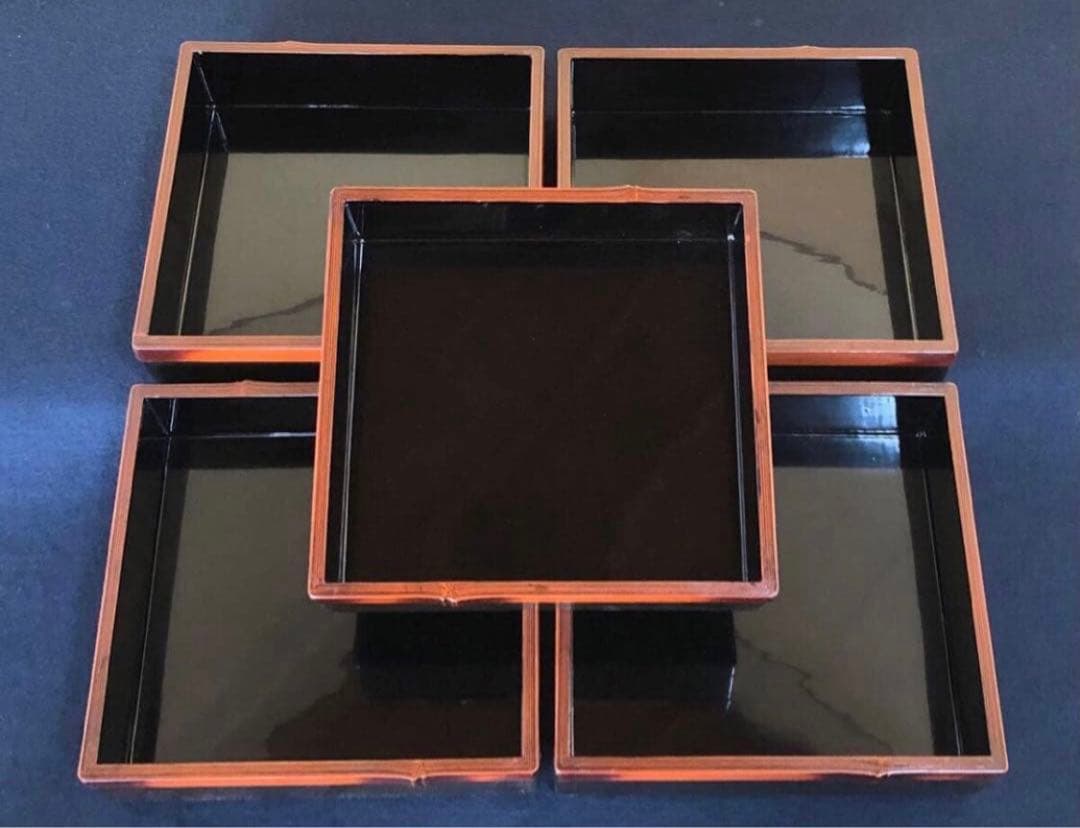 《レ》竹塗 五段重 重箱 替蓋付 木製漆器 木箱　251113え1