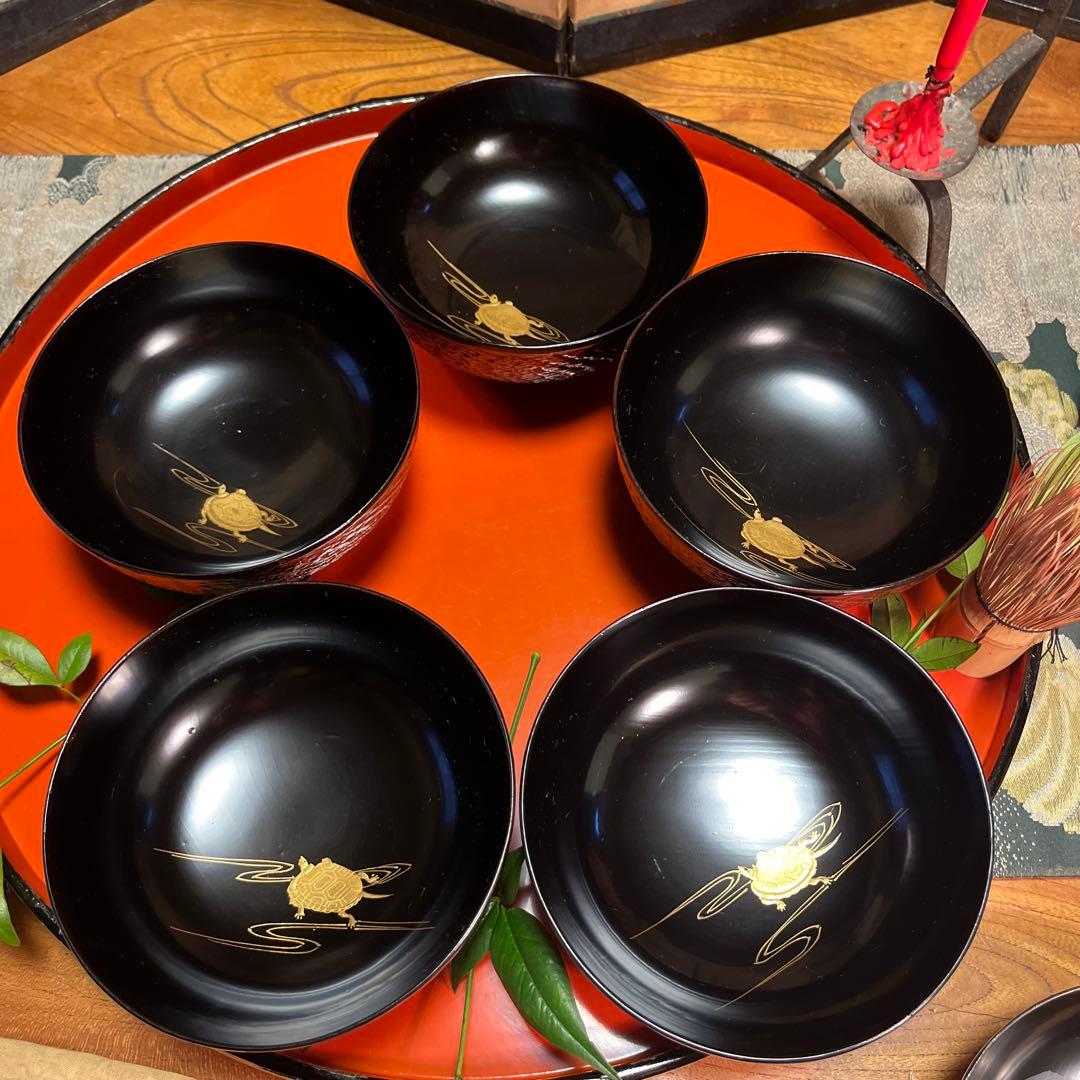 A1029 木製輪島塗　富士月　闇蒔絵　流水に亀蒔絵　吸い物庵5客