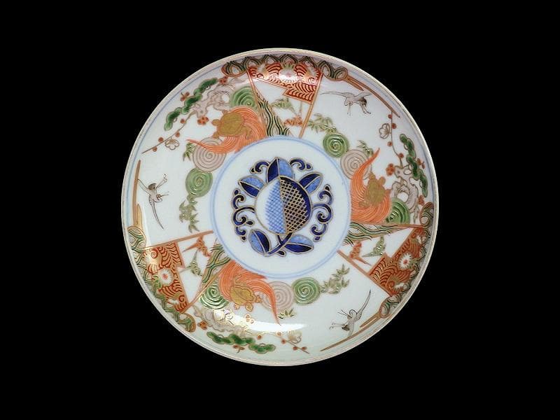 骨董 アンティーク めでた盃 九谷春日山 目出度い 伊勢の浜荻折りふせ