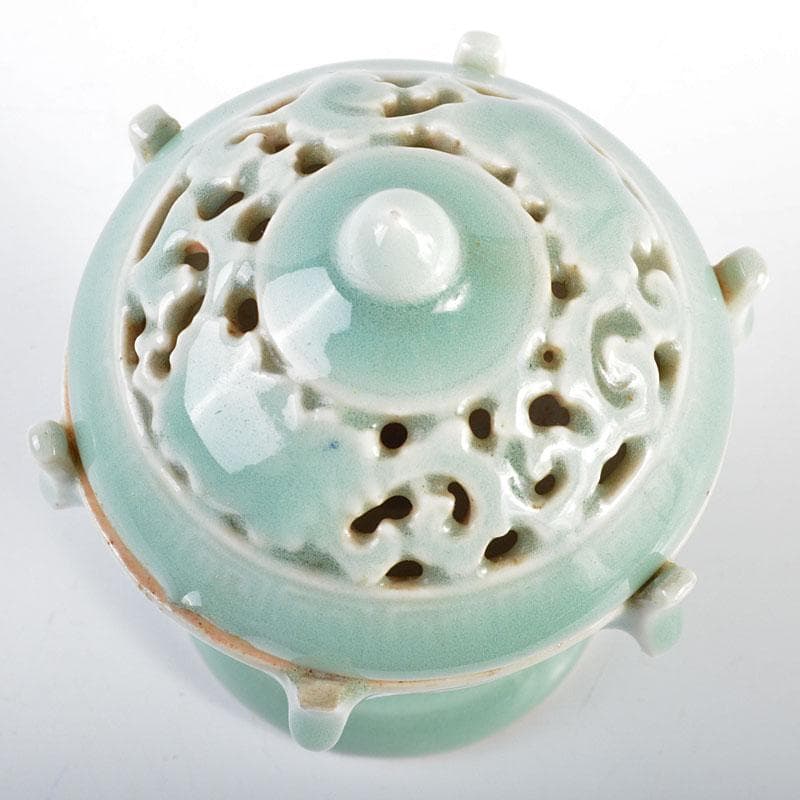 中国　高麗青磁　雷文　香炉　透かし火屋　時代箱付　V　R4587