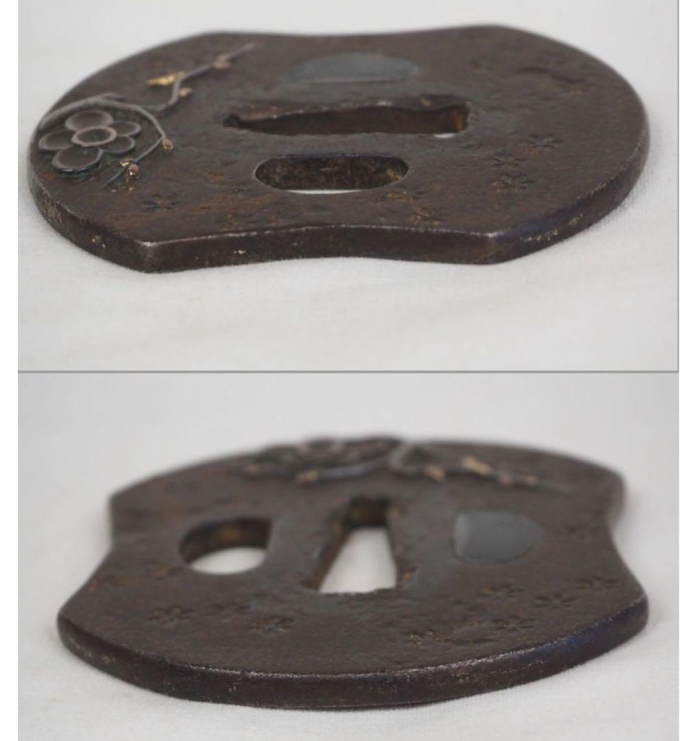 送料無料 江戸時代　銀象嵌　梅花文鍔　木箱付　刀剣美術