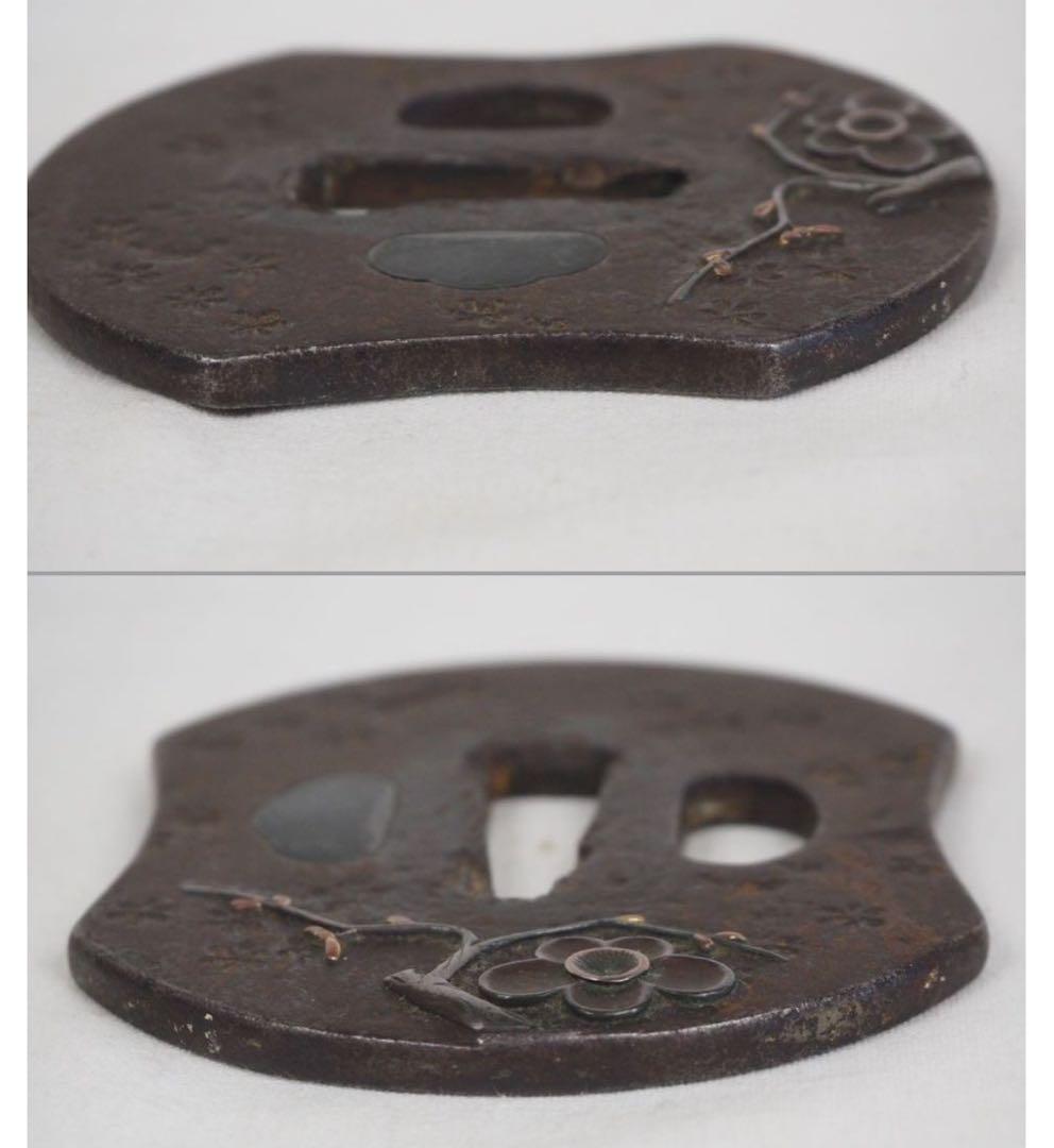 送料無料 江戸時代　銀象嵌　梅花文鍔　木箱付　刀剣美術