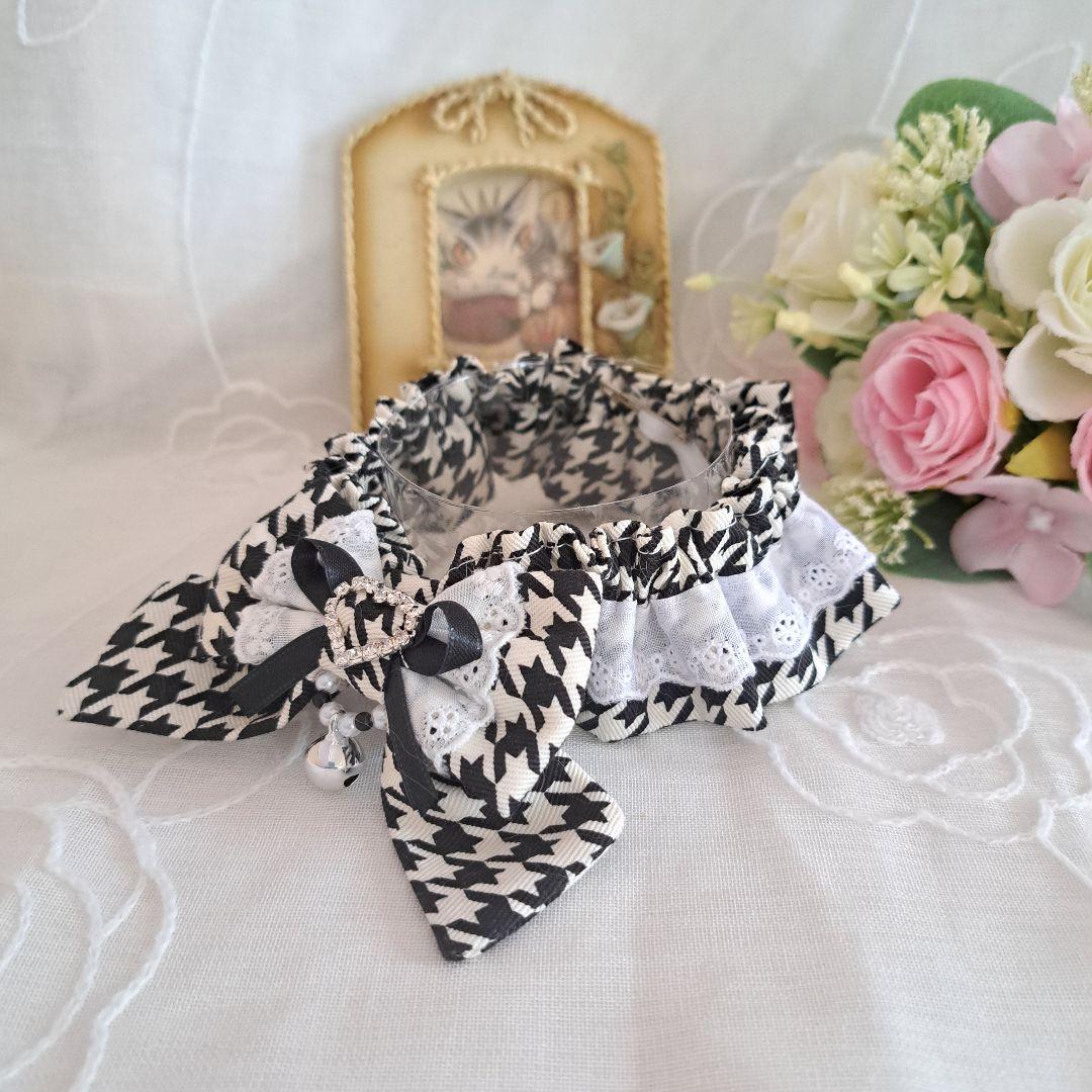 和風つまみ細工付き(黒②)わんちゃん猫ちゃん用襟つき首輪 和装まとめ