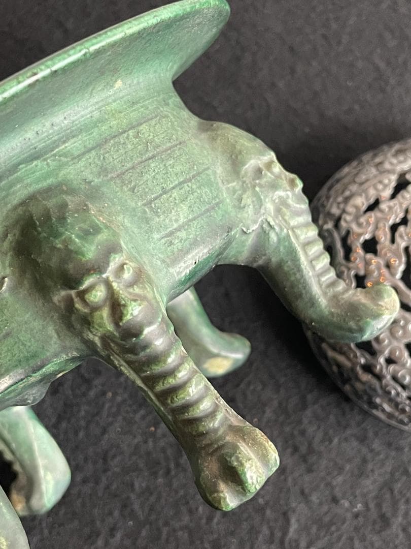 希少 初代 諏訪蘇山 造 漢窯写 緑釉 獣五足 獅子面脚 香炉 置物 銀製 銘有