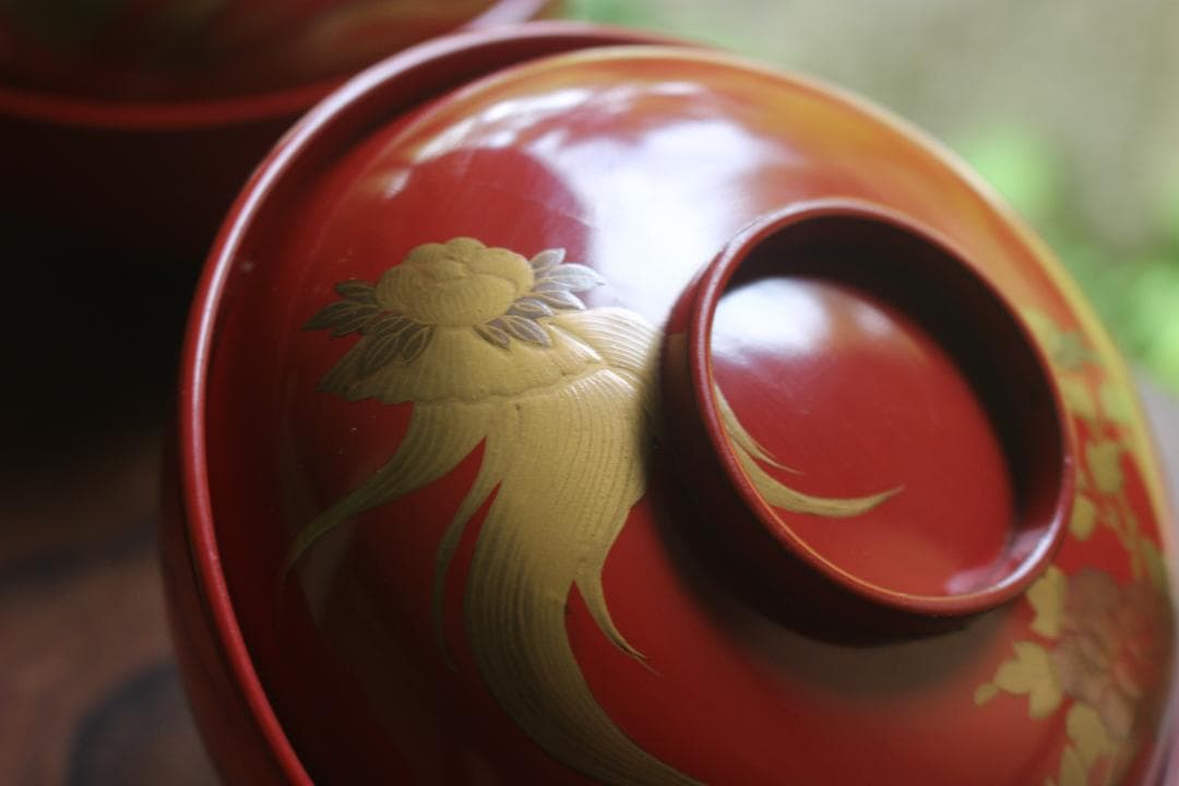 絵柄選択可！時代朱漆に優美な絵替風物蒔絵の映えるお椀8点（検輪島塗蒔絵椀