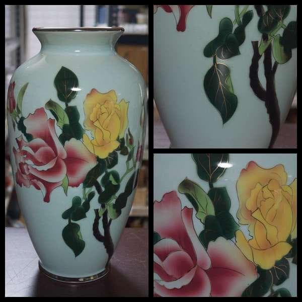 安藤七宝店 黒翠七宝『薔薇文』有線七宝花瓶 高さ31㎝☆