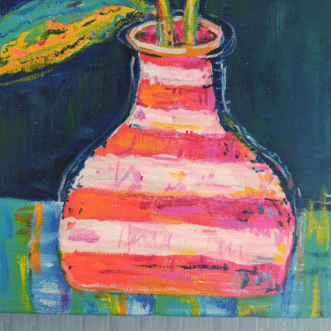 キャンバス油絵 専用 花瓶に入れた二輪のお花