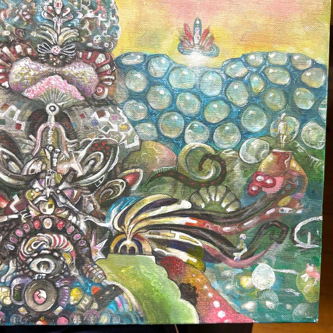 クジャクと地球　アクリル画　絵画