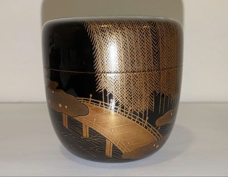 宗水作 柳橋蒔絵 棗 茶道具 共箱共布 清水宗水 内銀溜塗