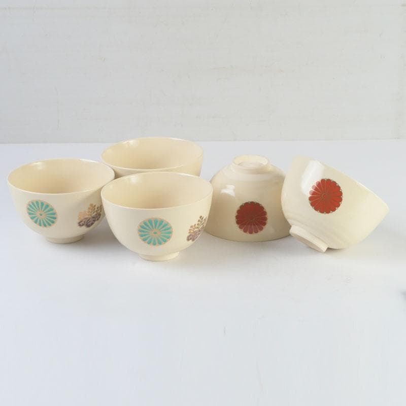 茶道具　京焼　加賀瑞山造　色絵金彩　菊桐文　数茶碗　五客　N　9823 茶道具 京焼 加賀瑞山造 色絵金彩 菊桐文 数茶碗 五客