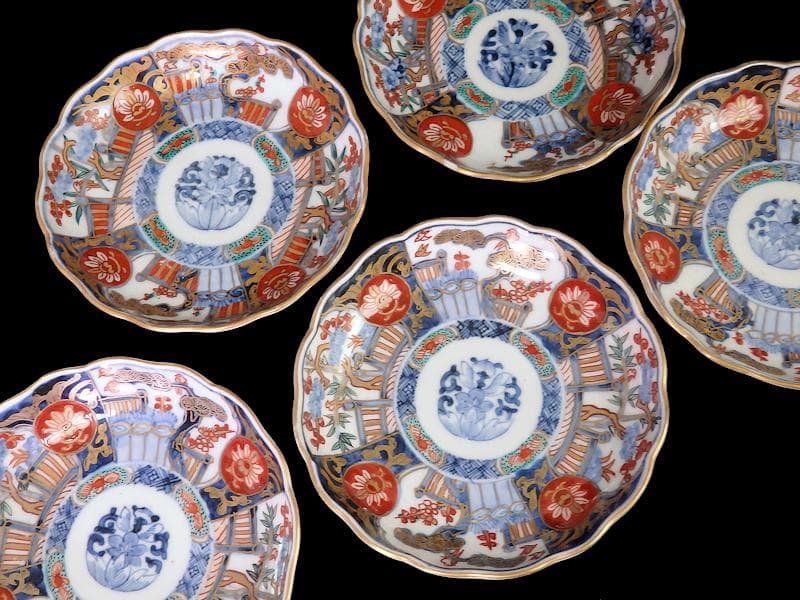 古伊万里　金襴手　花鳥紋に松竹梅の図　４寸皿　５枚　C071AS-CQj