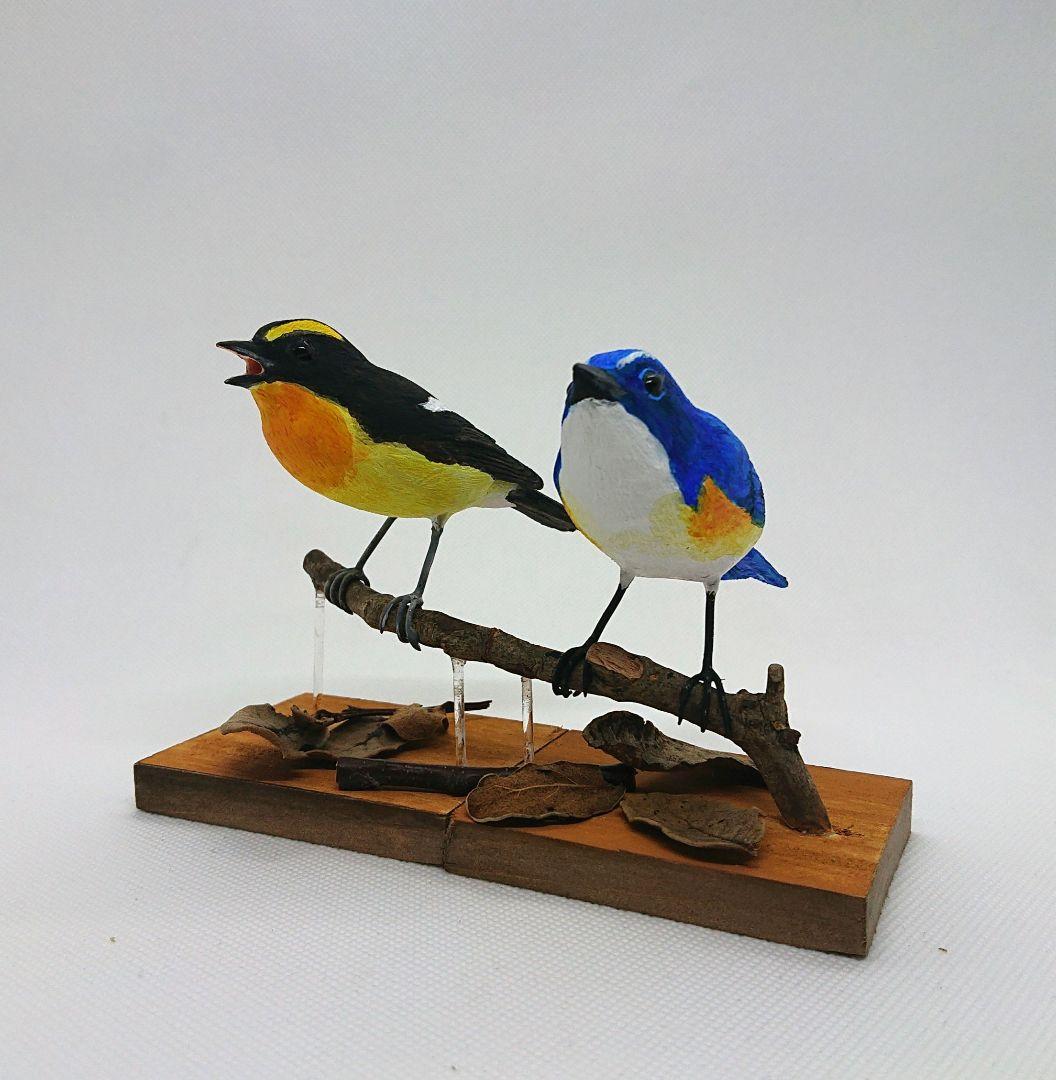 幸せの青い鳥ルリビタキ野鳥彫刻バードカービング木彫りの野鳥