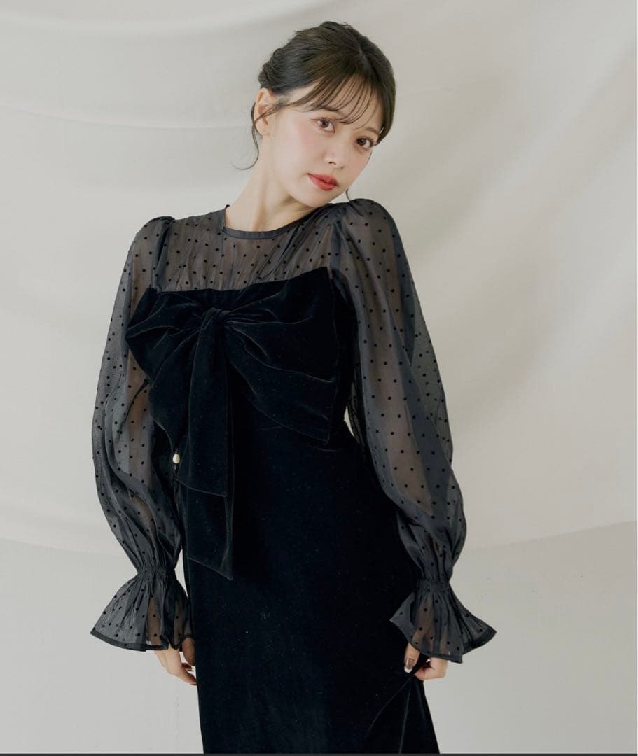 配色シアーリボンベロアワンピース