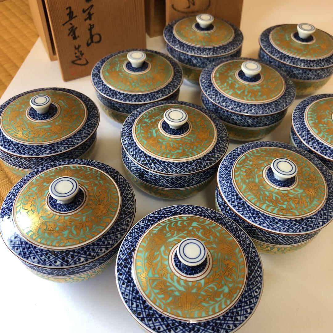 清水焼 京焼 五座五重 金襴青華蓋付汲出碗10客☆