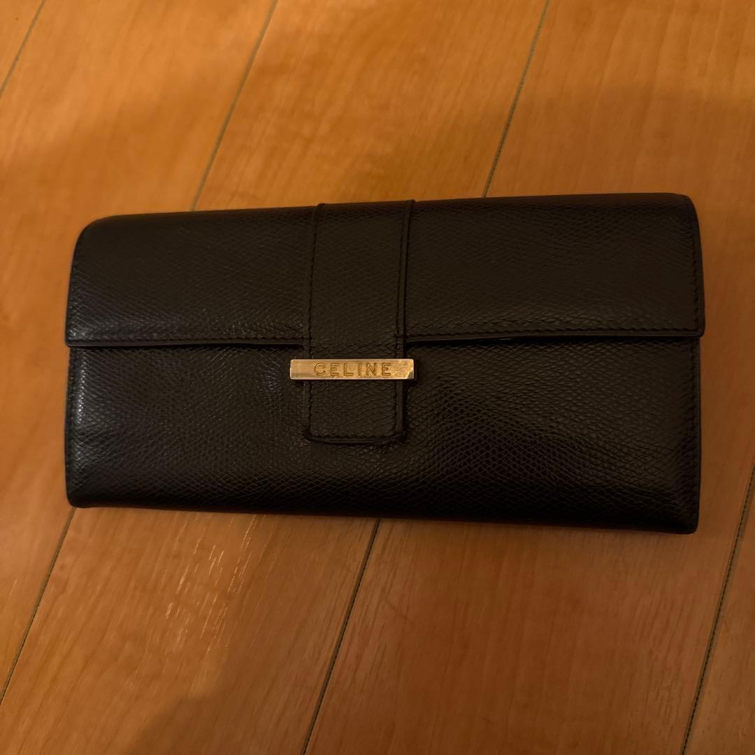 CELINE 二つ折り財布 黒 レザー ヴィンテージ｜ロゴサークル金具レザー