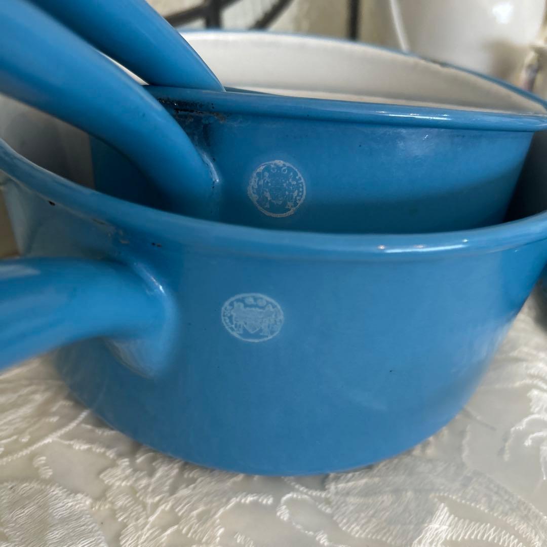 フランスアンティーク ホーロー ミルクパン ソースパン 片手鍋 蓋付 3