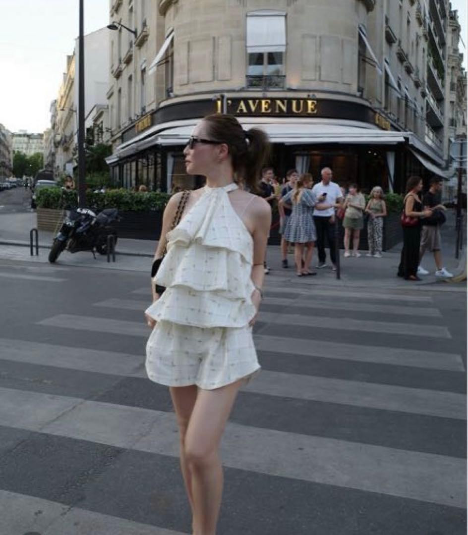 candy check tweed ruffle frill topsホワイト