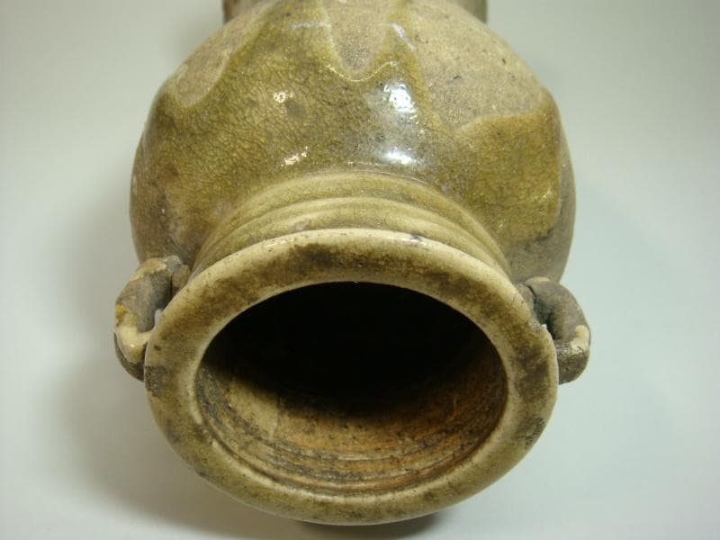 花瓶□古黄瀬戸 古い時代物の耳付瓶 涙痕壷 古壷 立ち壺 在銘 古美術