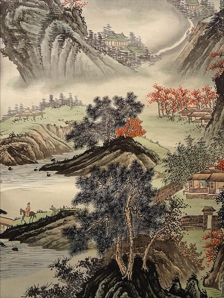 掛軸 思雲賛 王子輝画『中国山水図 秋山行旅』絹本 肉筆 掛け軸 p111713