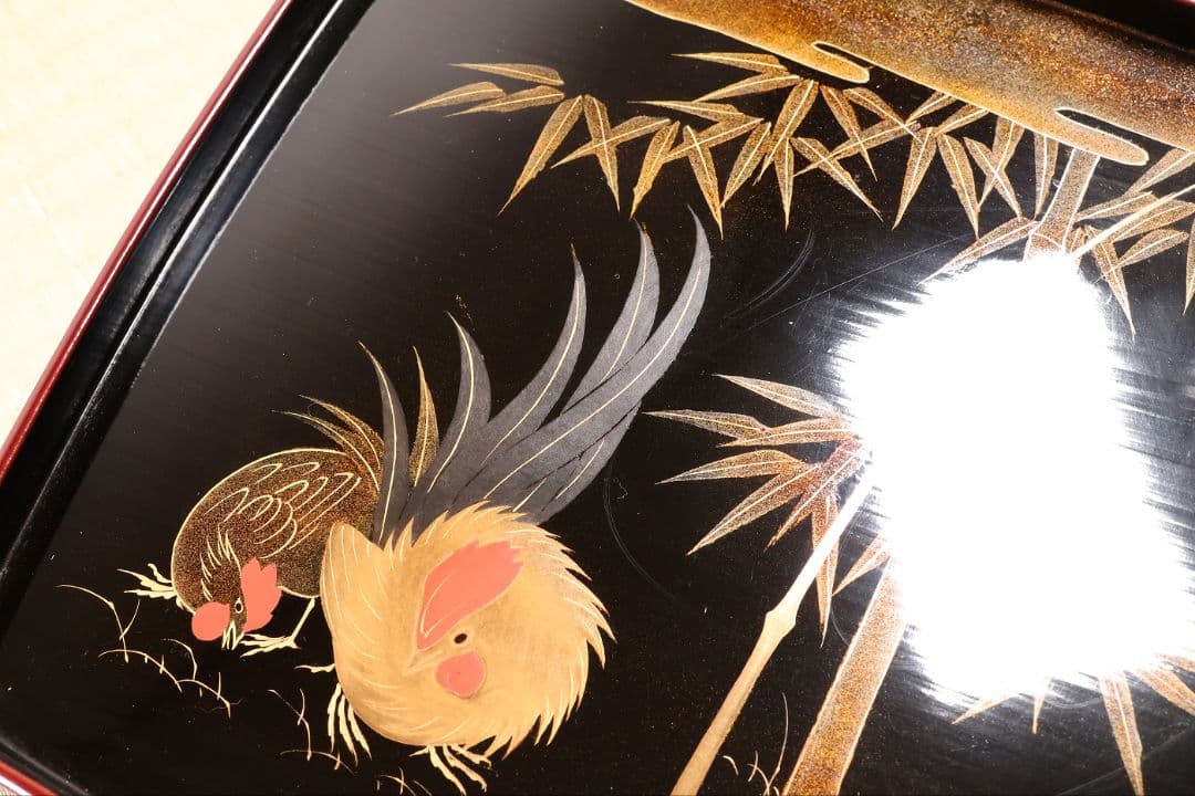 木製漆器 竹鶏蒔絵 吸物膳 五客 溜塗 黒塗 足付 四方膳 茶懐石 CM386