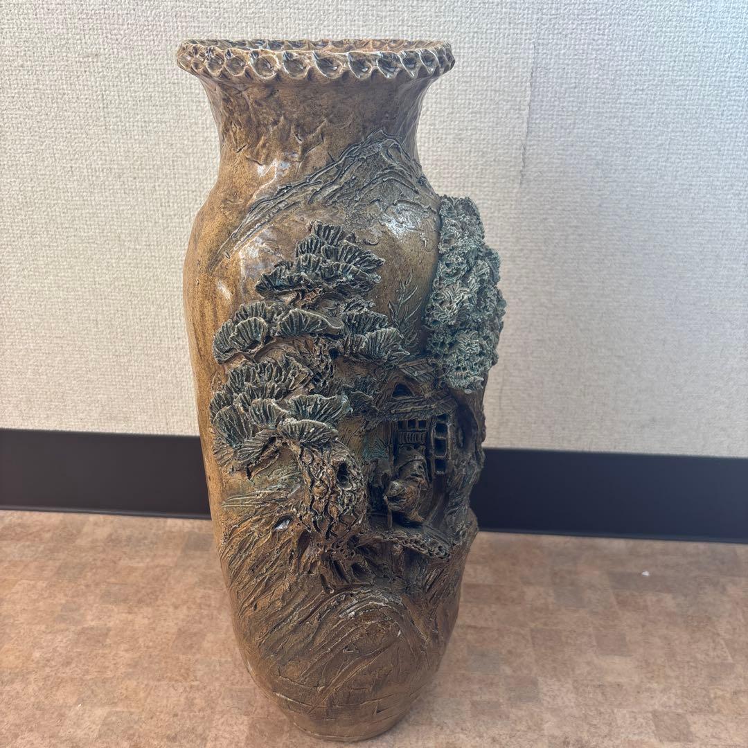 中国美術　彫刻 陶器製　置物　中国古玩美術 花瓶 山水画 焼き物 高さ49センチ