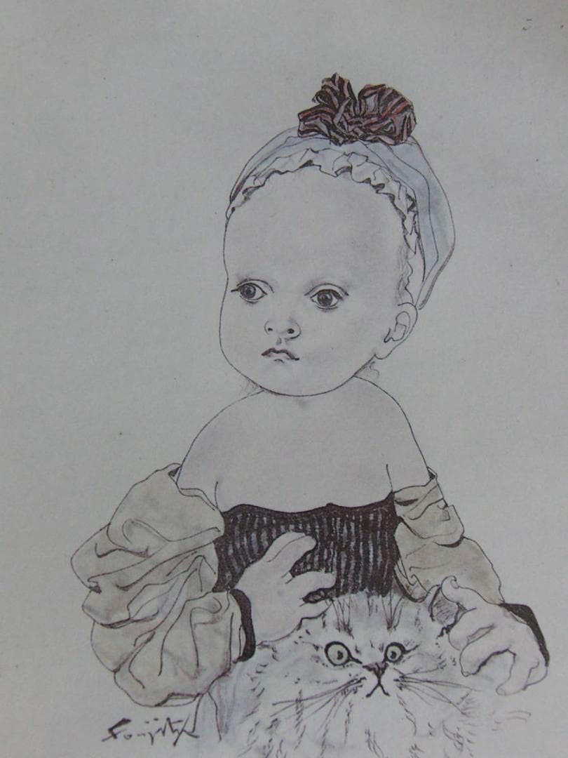 藤田嗣治、【Petite Fille au chat】希少な額装用画集より、厳選