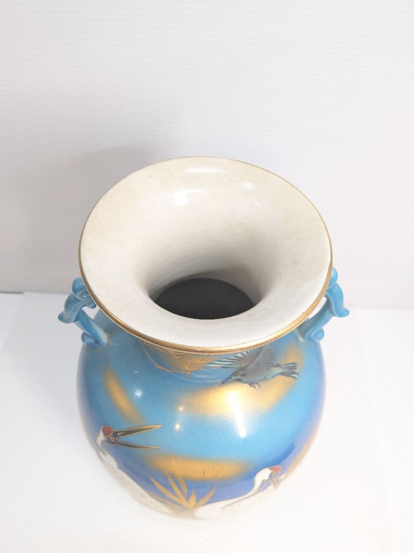 P646 九谷焼 玉浪 鶴松絵 花瓶 花器 金彩 青系 華道 茶道 インテリアの